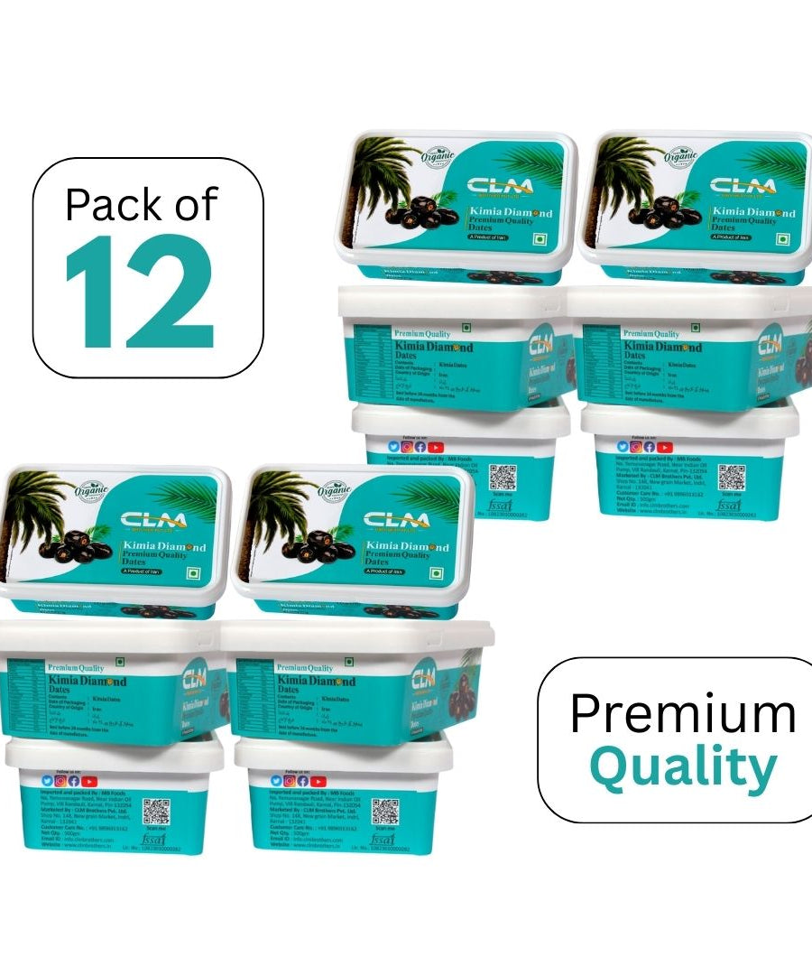 Pack of 12 CLM Kimia Diamond Premium Quality Dates Khajur | Khajoor Imported Iranian Dates, 100% Organic, Soft & Juicy (6000g)